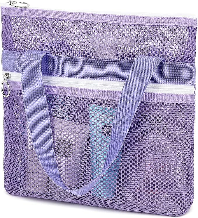 GYEUKHAM Portable Mesh Shower Caddy with 2 Zipper Pockets & Dual Handles, Quick-Drying Hanging Shower Tote for College Dorm, Gym, Travel & Camping, Purple