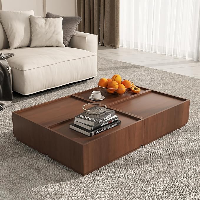 Coffee Table with Storage,Modern Center Table with 4 Hidden Drawers for Living Room,Rectangle Coffee Table for Home Furniture,Bedroom,Dark Walnut