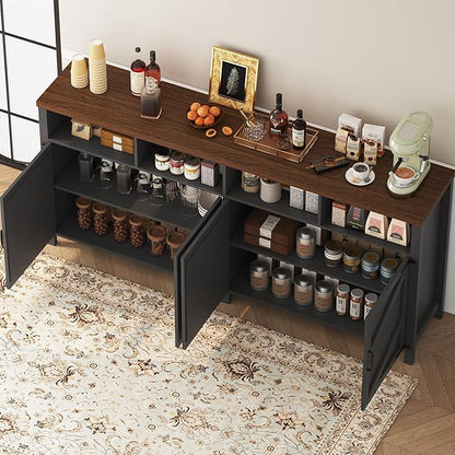 63'' Buffet Sideboard with Storage Farmhouse with 4 Doors, Large Kitchen Storage Cabinet Wood Coffee Bar Cabinet Buffet Table with Shelves for Kitchen, Dining Room, Entryway