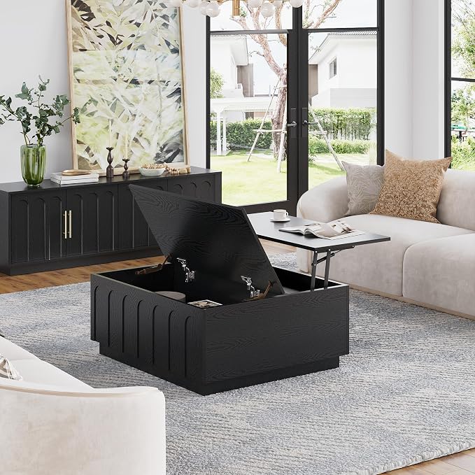 FORTUNETEC Lift Top Coffee Table with Storage, Modern Coffee Table with Arched Design, 31.5" Square Tea Table with Wood Grain, Minimalist Multifunctional Center Table for Living Room, Office, Black