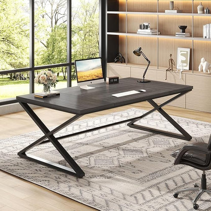 IBF 70 Inch Large Desk, Long Computer Desk for Writing Study, Industrial Home Office Work Executive Desk for Bedroom, Wood Metal Pc Gaming Workstation Computer Table for 2 Monitors, Dark Gray Oak