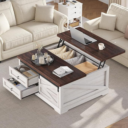 Itaar 39.4'' Lift Top Coffee Table with Storage, Farmhouse Coffee Tables for Living Room, Square Coffee Table with Large Hidden Compartment & 2 Drawers & Adjustable Shelves, Vintage White+Walnut