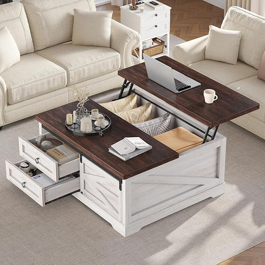 Itaar 39.4'' Lift Top Coffee Table with Storage, Farmhouse Coffee Tables for Living Room, Square Coffee Table with Large Hidden Compartment & 2 Drawers & Adjustable Shelves, Vintage White+Walnut