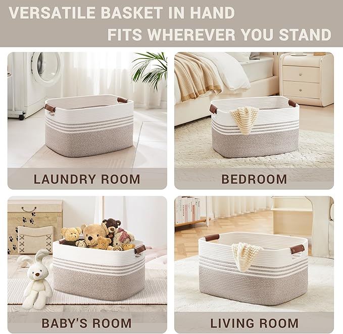 SunNewt 72L Large Laundry Basket with Leather Handles for Living Room Storage, Woven Rope Baskets Bin for Blanket, Kids Toy, Gifts, Wicker Hamper for Bedroom Dirty Clothes, 22"x17"x12" White Brown