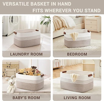 SunNewt 72L Large Laundry Basket with Leather Handles for Living Room Storage, Woven Rope Baskets Bin for Blanket, Kids Toy, Gifts, Wicker Hamper for Bedroom Dirty Clothes, 22"x17"x12" White Brown