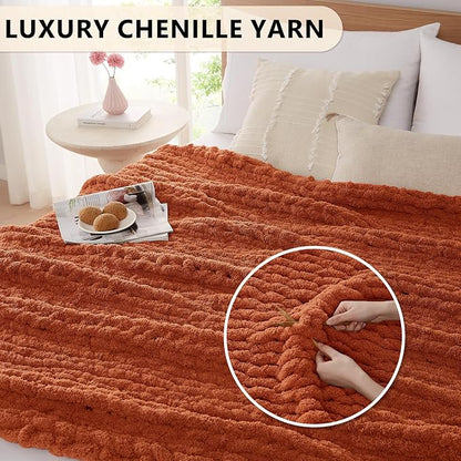 L'AGRATY Chunky Knit Blanket Throw: 50''x60'' Chenille Chunky Knitted Throw Blanket for Bed Couch - Handmade Thick Big Cable Knit Blanket - Large Crochet Rope Blankets for Home Decor(Rusty Orange)