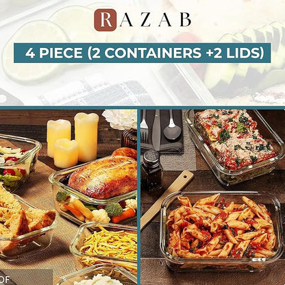 Razab 6.5 Cups / 52 Oz 4 Piece (2 Containers + 2 Lids) Glass Food Storage Containers Set with Airtight Locking Lids - For Storing, Baking & Serving BPA Free, Leakproof - Microwave, Freezer & Oven Safe