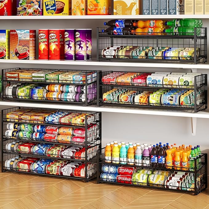 JKsmart 2-Tier Stackable Can Rack Organizer for Pantry Shelf, Extra-Long Can Holder for Kitchen Organization,Heavy Duty Can Dispenser for Canned Food Soup Goods up to 54 in Cabinet Storage, Black