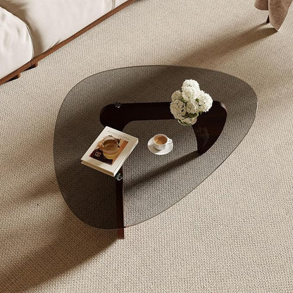 Modern Coffee Table for Living Room and Small Spaces, 35.6" x 25.4" x 15.8" Triangle Tempered Glass Table Top and Solid Wood Base, Walnut
