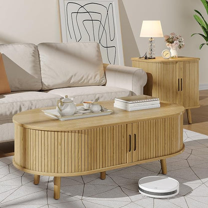 Alohappy 42.5" W Oval Coffee Table, Mid Century Modern Coffee Table with Sliding Tambour Door, Fluted Center Table with Hidden Storage, Curved Accent Table for Living Room, Home Office,Natural Oak