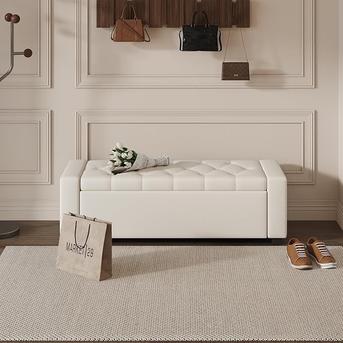 Ottoman with Storage Bench,Large Storage Ottoman Entryway Benches Ottoman Bench with Cushion and Safety Hinge