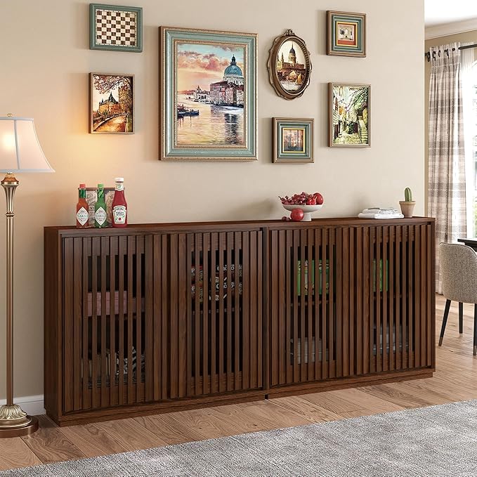 LKTART Mid Century Modern Sideboard Buffet Cabinet, Narrow Credenza Storage Cabinet with 2 Doors,Media Console Table for Living Room,Entryway,Hallway-Walnut
