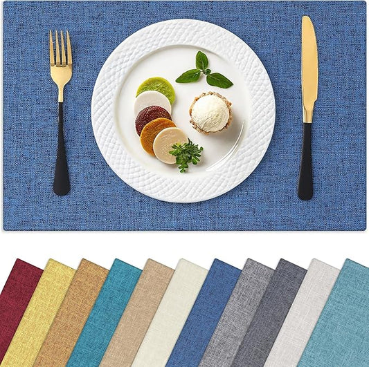 Homaxy Cloths Placemats for Dining Table Set of 8, Heat Resistant Washable Cotton Linen Blend Table Mats, Easy to Clean Place Mats for Indoor Outdoor Party Kitchen Decoration, 13" x 18", Blue