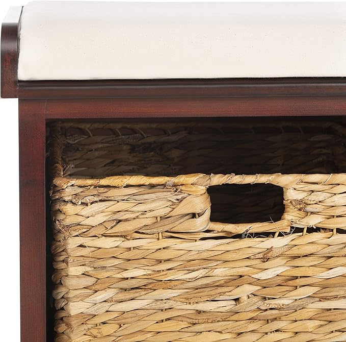 SAFAVIEH Home Collection – Freddy Cherry Storage Bench with Wicker Baskets & Cushion, Entryway Seating Bench, Fully Assembled (AMH5736E)
