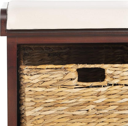 SAFAVIEH Home Collection – Freddy Cherry Storage Bench with Wicker Baskets & Cushion, Entryway Seating Bench, Fully Assembled (AMH5736E)
