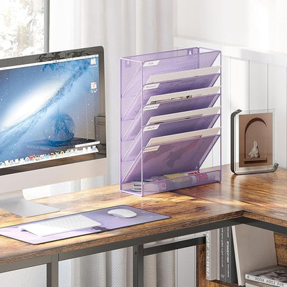 EasyPAG 5 Tier Wall File Holder, Mesh Hanging Folder Organizer with Classify Label, Versatile Desk File Holder, Vertical Wall Mounted Mail Organizer for Office Home Cubicle, Purple
