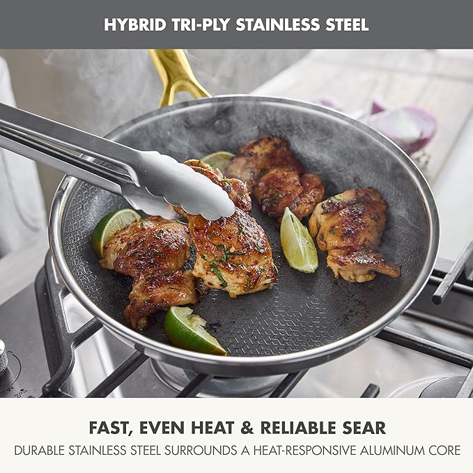 GreenPan Hybrid 10” Nonstick Stainless Steel Frying Pan Skillet, APEX Tri-Ply Thermobond PFAS-Free Ceramic Cookware, Induction & All Cooktop Compatible, Oven Temp to 850°F, Dishwasher Safe, Gold