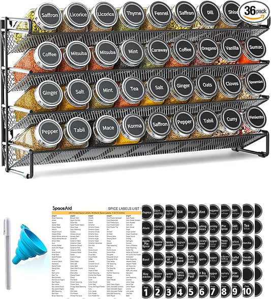 SpaceAid Spice Rack Organizer with 36 Spice Jars, 386 Spice Labels, Chalk Marker and Funnel Set for Cabinet, Countertop, Pantry, Cupboard or Door & Wall Mount - 36 Jars, 17.2" W × 10.8" H, Black
