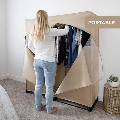 HOLDN’ STORAGE Portable Wardrobe Closet - 65 lb Large Capacity, Internal Heavy Duty Metal Rod, Zipper & Clear Window, Durable Clothes Organizer, Tool-Free Easy Assembly, Beige Canvas Cover