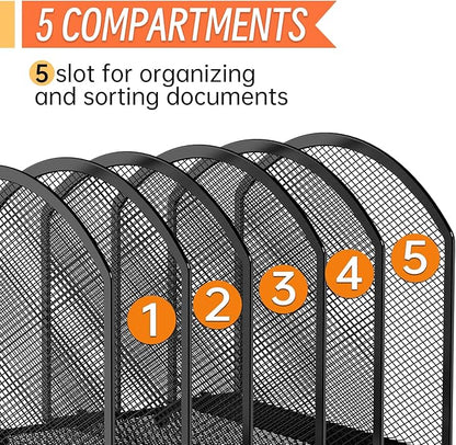 5-Section Desk File Organizer, Vertical Desktop File Holder Mail Sorter File Folder Holder Organization for Office School & Classroom (Black - 1Pack)