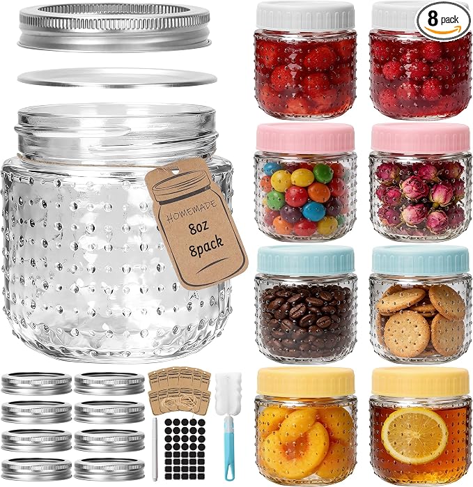 CycleMore 8oz - 8 Pack Mason Jars, Hobnail Design Canning Jars with Silver Metal & Colorful Plastic Lids, Glass Storage Jars for for Storing, Jam, Pickling, Crafts, Home Decor & DIY Gifts