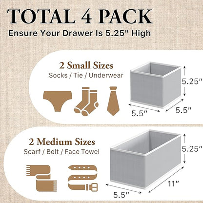 Simple Houseware Underwear Drawer Organizer for Sock/Bra/Undergarment/Panty/Onesie, Collapsible, Set of 4, Gray