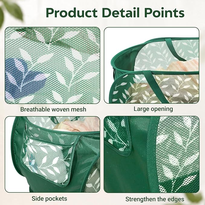 Durable Collapsible Laundry Baskets, Foldable Laundry Basket with Handy Pocket, Mesh Pop Up Clothes Hamper with Reinforced Carry Handles for Laundry, Bathroom, Kids Room, Travel -Leaf Print, Green
