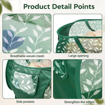 Durable Collapsible Laundry Baskets, Foldable Laundry Basket with Handy Pocket, Mesh Pop Up Clothes Hamper with Reinforced Carry Handles for Laundry, Bathroom, Kids Room, Travel -Leaf Print, Green