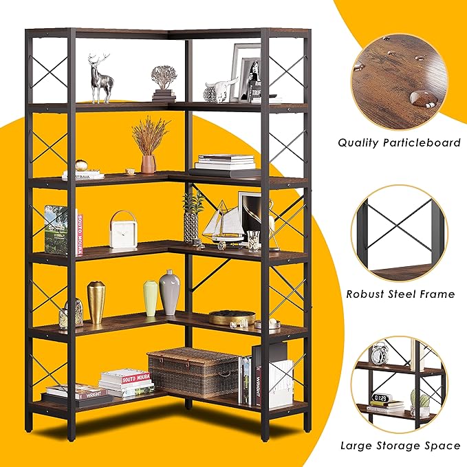 Wildhome 6-Shelf Corner Bookshelf, Vintage Industrial CornerBookshelf Etagere Bookcase, Large Book Shelf with Metal Frame Open Storage Corner Cabinet for Living Room Home Office（Retro Brown）