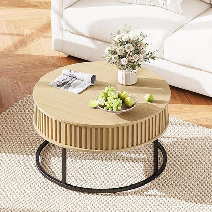 Round Coffee Table with Lift Top - Fluted Wood Center Coffee Tables for Living Room, Lifting Up for Dining, Large Hidden Circle Storage Compartment for Small Spaces, Mid Century Modern
