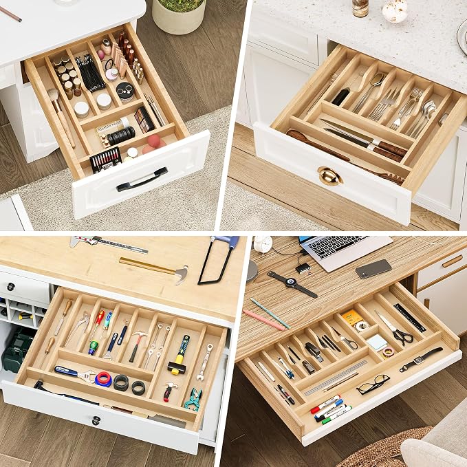 Clikuutory Natural Birch Wood Utensil Drawer Insert Organizer with 7 Compartments, Space-Saving Sturdy Drop-In Cutlery Divider Tray, Kitchen Cabinet Storage for Silverware, Spoons, Forks and Knives