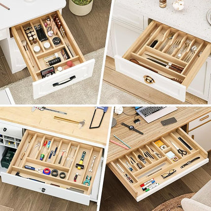 Clikuutory Natural Birch Wood Utensil Drawer Insert Organizer with 15 Compartments, Space-Saving Sturdy Drop-In Cutlery Divider Tray, Kitchen Cabinet Storage for Silverware, Spoons, Forks and Knives
