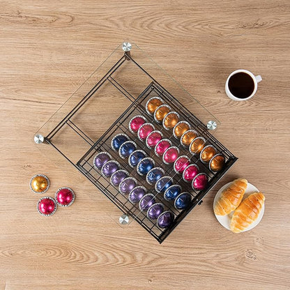Restaurantware Restpresso 15.6 x 14.1 x 4.2 Inch Coffee Capsule Drawer 1 Heavy-Duty Pod Drawer - Holds 40 Nespresso Vertuo Capsules Glass Top Iron Espresso Pod Organizer Pods Not Included
