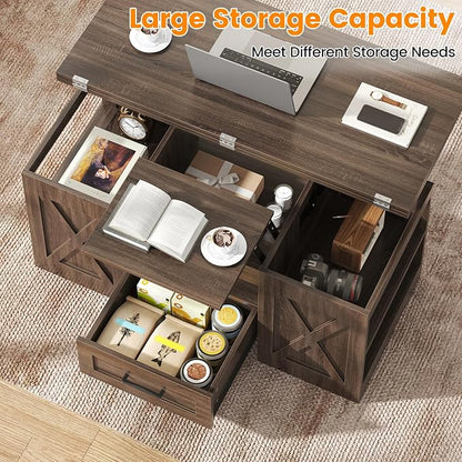 kepptory 39.4'' Lift Top Coffee Table with Storage, 4 in 1 Multi-Function Convertible Coffee Tables for Living Room, Farmhouse Coffee Table with Open Storage Compartment & Drawers (Walnut)