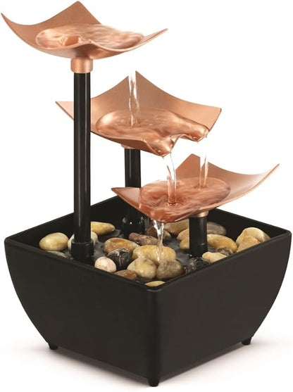 Homedics Golden Dew Relaxation Tabletop Water Fountain with 3 Tiers, Natural River Rocks, and a Quiet Pump for Soothing Zen Ambiance in Your Home or for Office Décor, Powered by 2 AA Batteries
