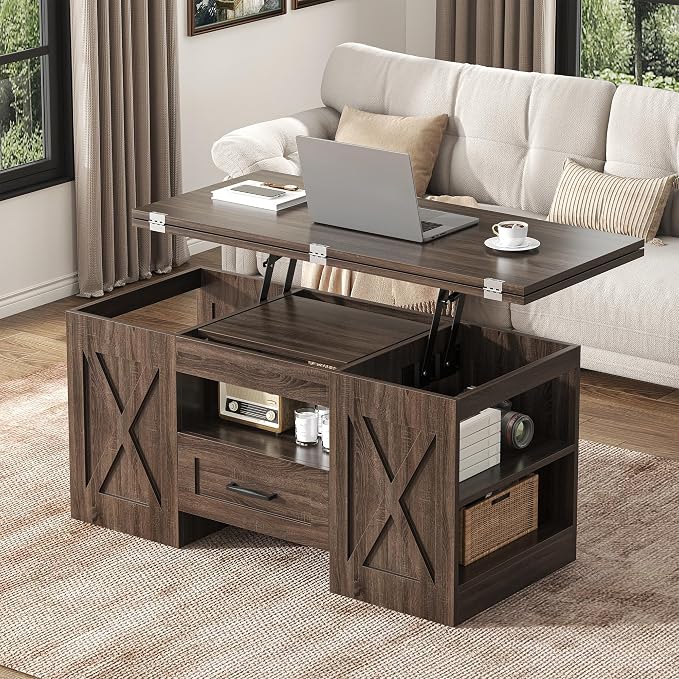 kepptory 39.4'' Lift Top Coffee Table with Storage, 4 in 1 Multi-Function Convertible Coffee Tables for Living Room, Farmhouse Coffee Table with Open Storage Compartment & Drawers (Walnut)