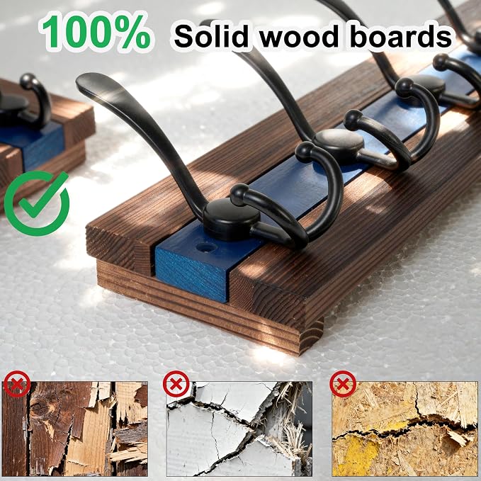 SKOLOO Rustic Wall Mounted Coat Rack - 16-7/8" Long Coat Hooks for Wall with 5 Triple Hooks for Hanging Coats, Hats or Tools, Western National Parks Collection, Wood Brown & Blue