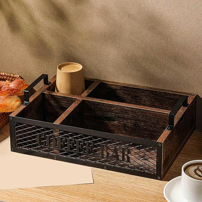 Yalikop Coffee Station Organizer for Countertop, All in One No Assembly Wood Coffee Creamer Bar Holder with Iron Mesh, Office Tea Bar Accessories Gift for New Home Birthday(Brown,Natural)