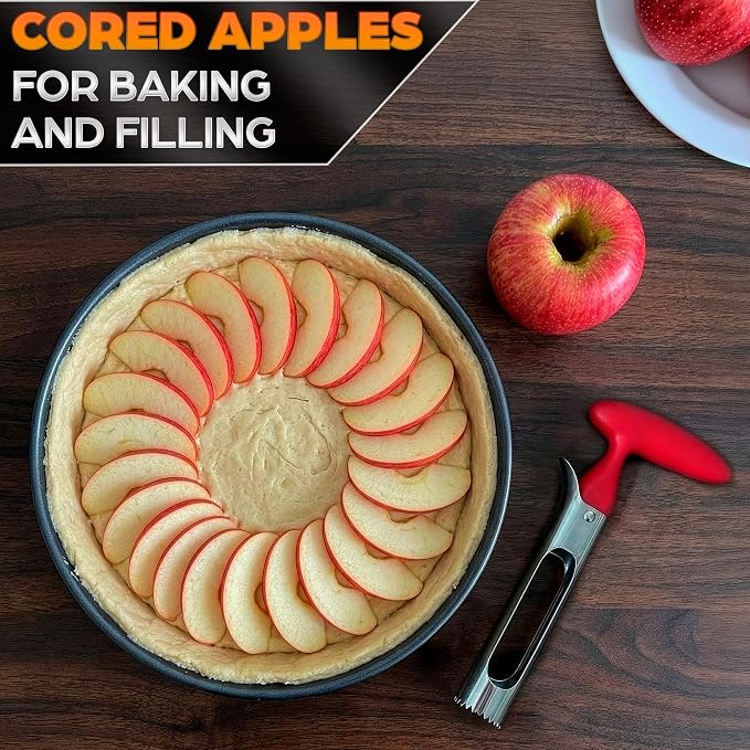 Apple Corer Tool - Apple Core Remover with Ergonomic Red Handle, Durable Food-Safe Stainless Steel 7.3" Fruit Corer for Apples, Peppers, Tomatoes, Cupcakes, Spring Baking & Summer Pies, Easy to Clean
