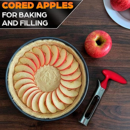 Apple Corer Tool - Apple Core Remover with Ergonomic Red Handle, Durable Food-Safe Stainless Steel 7.3" Fruit Corer for Apples, Peppers, Tomatoes, Cupcakes, Spring Baking & Summer Pies, Easy to Clean
