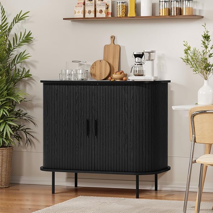 LuxenHome Sideboard Buffet Cabinet with Storage, 35" Black Mid Century Modern Accent Cabinet, Sliding Door Entryway Small Storage Cabinets for Kitchen, Living Room, Entryway