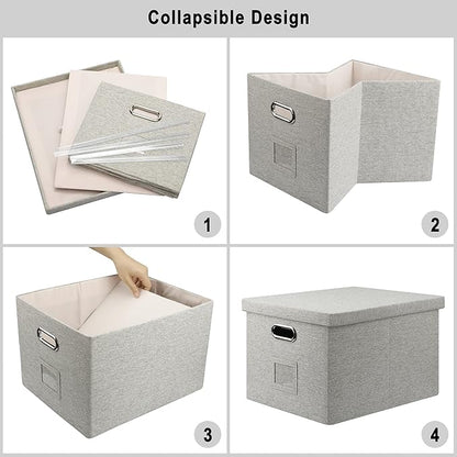 Graciadeco File Organizer Box, Collapsible Storage Filling Collectior with Lid for Letter Legal Size Hanging Folders Decorative Linen File Folder Box Document Storage Filing Bin, Beige 2 Pack