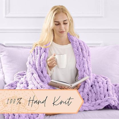 Adyrescia Chunky Knit Blanket Throw | 100% Hand Knit with Jumbo Chenille Yarn (50"x60", Pale Purple)