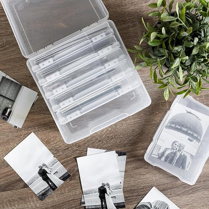IRIS USA 5" x 7" Photo Storage Box Craft Keeper, Transparent Protection Container with 6 Organization Holder Cases for Pictures, Tasks, Scrapbooking, Ephemera, Stationery Storage, Clear