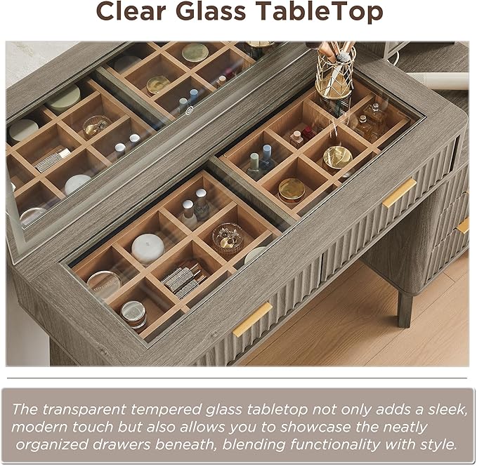 RedLemon 48" Fluted Vanity Desk with 36" Large HD Mirror and Lights, Modern Wood Glass Tabletop Makeup Table with Adjustable Storage Shelves, 5 Drawers, Charging Station for Bedroom, Alder Grey