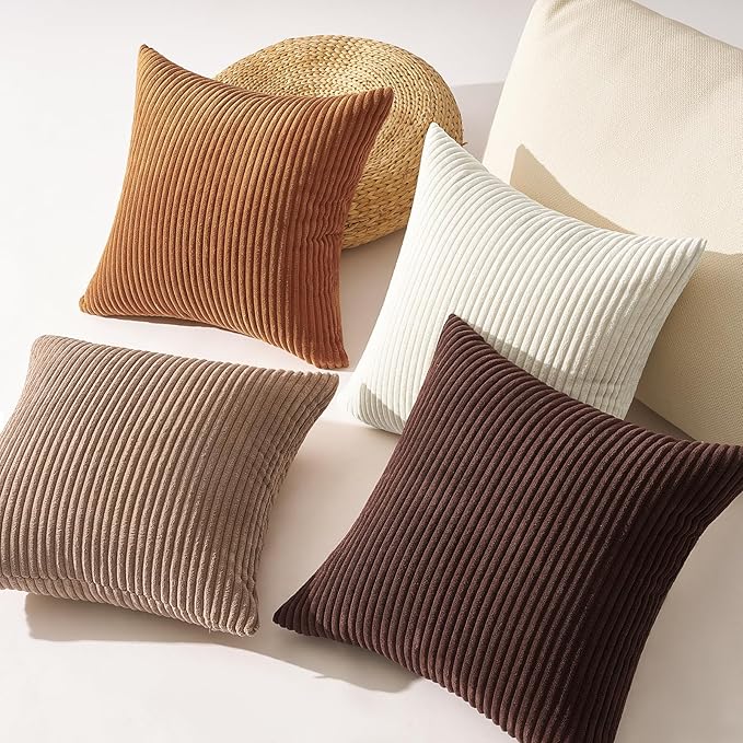 Topfinel Gold Brown Throw Pillow Covers Rustic Modern Soft Corduroy Striped Decorative Cushion Cover 16x16 Inch Gradient Farmhouse Pillow Case Set of 4 for Sofa Couch Living Room Bedroom