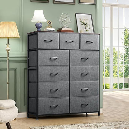 Tall Console Table with 11 Fabric Drawers, Entryway Table with Storage, Tall Storage Organizer with Wood Top, Steel Frame for Living Room, Hallway, Office, Dark Grey