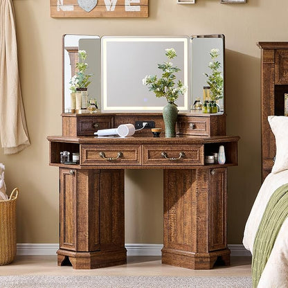 T4TREAM Makeup Vanity Desk 48" with 3 Way Mirror and Lights, Large Farmhouse Corner Vanity Dressing Table with Glass Top & Charging Station, 3 Drawers & 2 Storage Cabinets, Reclaimed Barnwood