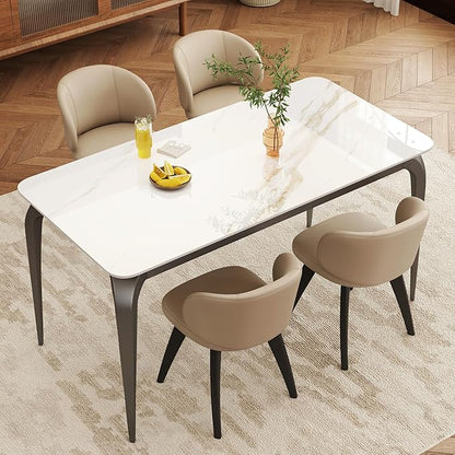 Dining Table, Sintered Stone Kitchen Table, 55'' White Modern Rectangular Slate Patio Table with Metal Legs, Indoor Outdoor Stone Dining Table for Patio, Backyard, Scratch and Heat Resistant