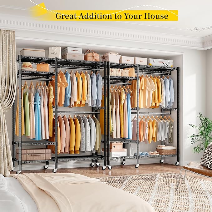 Raybee 79" H Clothes Rack Heavy Duty with Wheels, Clothing Rack for Hanging Clothes Rolling Portable Closet, 45" Wx17 Dx79 H,Black